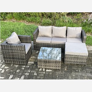 Fimous Rattan Garden Furniture Set Patio Outdoor Lounge Sofa Set with Armchair Square Coffee Table Big Footstool Dark Grey Mixed