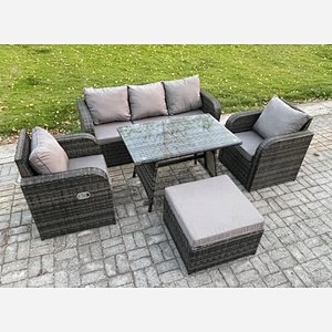 Fimous Rattan Wicker Garden Furniture Patio Conservatory Sofa Set with Rectangular Dining Table Reclining Chair 3 Seater Sofa Big Footstool