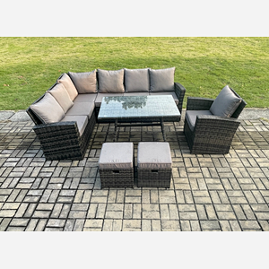 Fimous 9 Seater Outdoor Furniture Garden Dining Set Rattan Corner Sofa Set with 2 Small Footstools Dark Grey Mixed