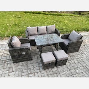 Fimous 7 Seater Rattan Wicker Garden Furniture Patio Conservatory Sofa Set with Rectangular Dining Table Reclining Chair 3 Seater Sofa 2 Small Footstool