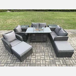 Fimous 8 Seater Rattan Garden Furniture Set Outdoor Propane Gas Fire Pit Table and Sofa Chair set with 2 Side Tables 2 Big Footstool