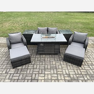 Fimous Patio Outdoor Rattan Garden Furniture Set Propane Gas Fire Pit Table Burner with Love seat Sofa 2 Big Footstool 2 Side Tables