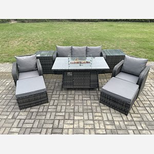 Fimous Wicker Rattan Garden Furniture Sofa Set Gas Fire Pit Dining Table Indoor Outdoor with 2 Side Table Chair 2 Big Footstool