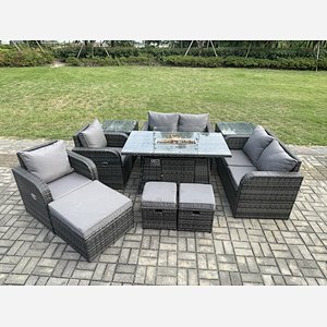 Fimous 9 Seater Rattan Garden Furniture Set Propane Gas Fire Pit Table and Sofa Chair set with 3 Footstool 2 Side Tables