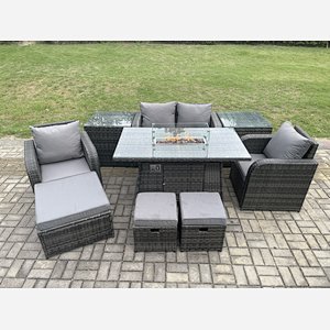 Fimous Rattan Garden Furniture Set Outdoor Patio Gas Fire Pit Dining Table and Chairs with Love seat Sofa 3 Footstools 2 Side Tables