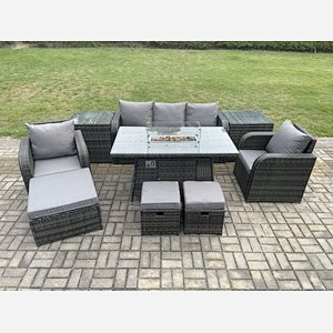 Fimous Wicker Rattan Garden Furniture Sofa set Gas Fire Pit Dining Table Indoor Outdoor with 2 Side Table Chair 3 Footstools