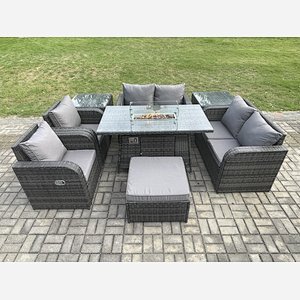 Fimous 7 Seater Rattan Garden Furniture Set Propane Gas Fire Pit Table and Sofa Chair set with 2 Side Tables Big Footstool