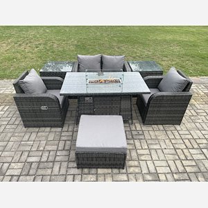 Fimous Rattan Garden Furniture Set Outdoor Patio Gas Fire Pit Dining Table and Chairs with 2 Side Tables Love seat Sofa Footstool