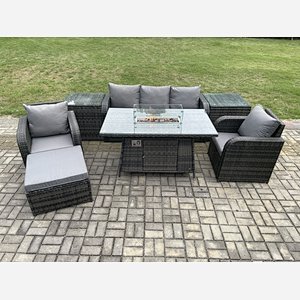 Fimous Wicker Rattan Garden Furniture Sofa Set Gas Fire Pit Dining Table Indoor Outdoor with 2 Side Tables Chair Footstool