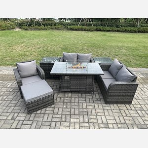 Fimous Rattan Garden Furniture Set with Gas Fire Pit Dining Table,2 Side Tables and Big Footstool Indoor Outdoor 7 piece Loveseat Sofa set