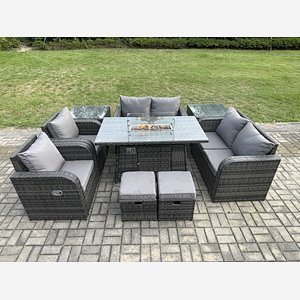 Fimous 8 Seater Rattan Garden Furniture Set Outdoor Propane Gas Fire Pit Table and Sofa Chair set with 2 Side Tables 2 Small Footstools