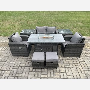 Fimous Rattan Garden Furniture Set Outdoor Patio Gas Fire Pit Dining Table and Chairs with Love seat Sofa Footstool 2 Side Tables