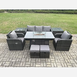 Fimous Wicker Rattan Garden Furniture Sofa Set Gas Fire Pit Dining Table Indoor Outdoor with 2 Side Table Chair Footstool
