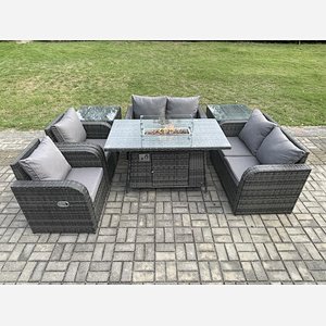 Fimous 6 Seater Rattan Garden Furniture Set Propane Gas Fire Pit Table and Sofa Chair set with 2 Side Tables