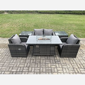 Fimous Rattan Outdoor Garden Furniture Set Gas Fire Pit Dining Table with 2 Side Tables Chair Love seat Sofa