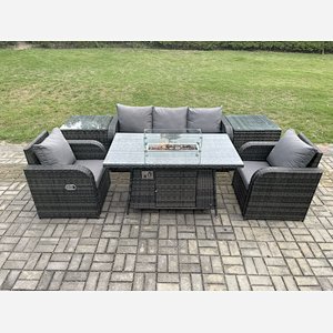 Fimous Outdoor Rattan Garden Furniture Set Propane Gas Fire Pit Table Burner with Lounge Sofa 2 Side Tables