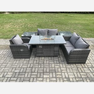 Fimous Rattan Garden Furniture Set with Gas Fire Pit Dining Table,2 Side Tables Indoor Outdoor 6 piece Love Sofa set