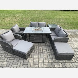 Fimous 8 Seater Rattan Garden Furniture Set Outdoor Propane Gas Fire Pit Table and Sofa Chair set with Side Table 2 Big Footstool