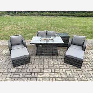 Fimous Rattan Garden Furniture Set Outdoor Patio Gas Fire Pit Dining Table and Chairs with Love seat Sofa 2 Footstools Side Table