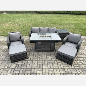 Fimous Wicker Rattan Garden Furniture Sofa Set Gas Fire Pit Dining Table Indoor Outdoor with Side Table Chair 2 Big Footstool