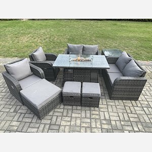 Fimous 9 Seater Rattan Garden Furniture Set Propane Gas Fire Pit Table and Sofa Chair set with 3 Footstool Side Table