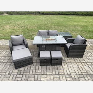 Fimous Rattan Garden Furniture Set Outdoor Patio Gas Fire Pit Dining Table and Chairs with Love seat Sofa 3 Footstools Side Table