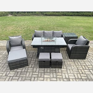 Fimous Wicker Rattan Garden Furniture Sofa Set Gas Fire Pit Dining Table Indoor Outdoor with Side Table Chair 3 Footstools