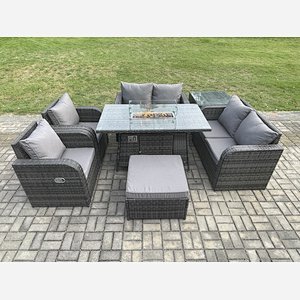 Fimous 7 Seater Rattan Garden Furniture Set Propane Gas Fire Pit Table and Sofa Chair set with Big Footstool Side Table