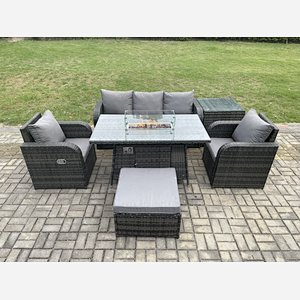 Fimous Patio Outdoor Rattan Garden Furniture Set Propane Gas Fire Pit Table Burner with Lounge Sofa Side Table Footstool