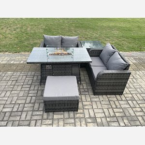 Fimous Rattan Garden Furniture Set with Gas Fire Pit Table 5 Pieces Outdoor Loveseat Sofa Set Dark Grey Mixed
