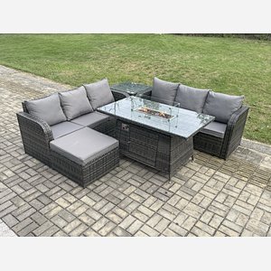 Fimous Garden Patio Furniture Wicker Rattan Gas Fire Pit Table and Sofa set with Side Table Big Footstool