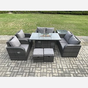 Fimous 8 Seater Rattan Garden Furniture Set Propane Gas Fire Pit Table and Sofa Chair set with Side Tables 2 Small Footstools