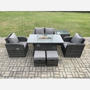 Fimous Rattan Garden Furniture Set Outdoor Patio Gas Fire Pit Dining Table and Chairs with Side Table Love seat Sofa 2 Small Footstools