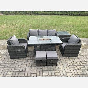 Fimous Outdoor Rattan Garden Furniture Set Propane Gas Fire Pit Table Burner with Lounge Sofa Side Tables 2 Small Footstool