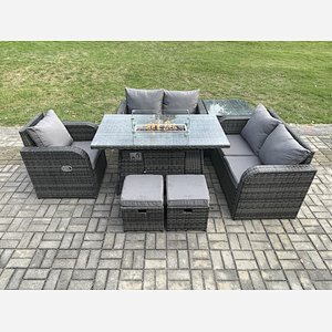 Fimous Rattan Garden Furniture Set with Gas Fire Pit Dining Table,Side Table and 2 Small Footstools Indoor Outdoor 7 piece Loveseat Sofa set