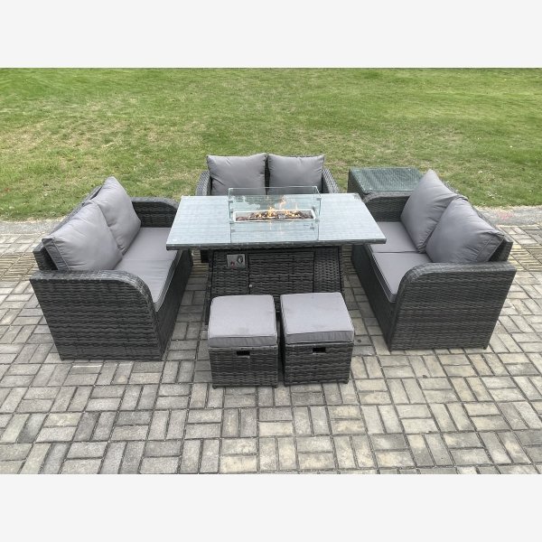 Fimous Rattan Outdoor Garden Furniture Sofa Set Gas Fire Pit Dining ...