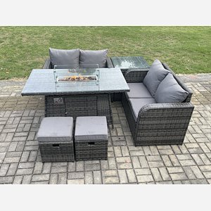 Fimous Rattan Garden Furniture Set with Gas Fire Pit Table 6 Pieces Outdoor Loveseat Sofa Set Dark Grey Mixed
