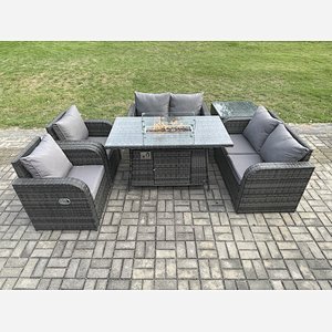 Fimous 6 Seater Rattan Garden Furniture Set Propane Gas Fire Pit Table and Sofa Chair set with Side Table