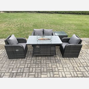 Fimous Rattan Outdoor Garden Furniture Set Gas Fire Pit Dining Table with Side Table Chair Love seat Sofa