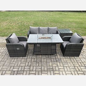 Fimous Outdoor Rattan Garden Furniture Set Propane Gas Fire Pit Table Burner with Lounge Sofa Side Table