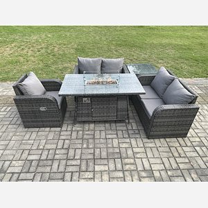 Fimous Rattan Garden Furniture Set with Gas Fire Pit Dining Table,Side Table Indoor Outdoor 5 piece Love Sofa set