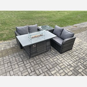 Fimous Rattan Garden Furniture Set with Gas Fire Pit Table 4 Pieces Outdoor Loveseat Sofa Set Dark Grey Mixed