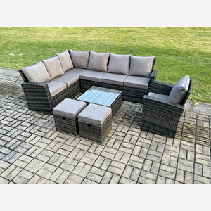 Fimous 9 Seater Outdoor Furniture Garden Dining Set Rattan Corner Sofa Set with Square Coffee Table 2 Small Footstools Dark Grey Mixed