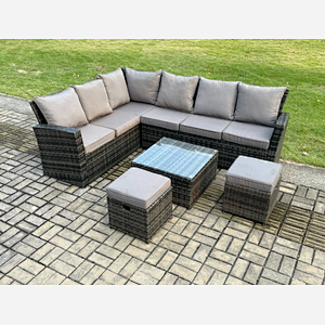 Fimous 8 Seater Outdoor Furniture Garden Dining Set Rattan Corner Sofa Set with Square Coffee Table 2 Small Footstools Dark Grey Mixed