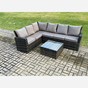 Fimous 6 Seater Outdoor Furniture Garden Dining Set Rattan Corner Sofa Set with Square Coffee Table Dark Grey Mixed