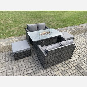 Fimous Rattan Garden Furniture Set with Gas Fire Pit Table 5 Pieces Indoor Outdoor Loveseat Sofa Set Dark Grey Mixed