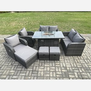 Fimous 9 Seater Rattan Garden Furniture Set Propane Gas Fire Pit Table and Sofa Chair set with 3 Footstool
