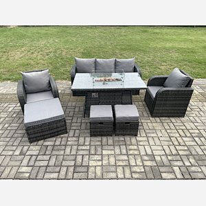 Fimous Wicker Rattan Garden Furniture Sofa Set Gas Fire Pit Dining Table Indoor Outdoor with Chair 3 Footstools