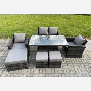 Fimous Outdoor Garden Dining Sets 7 Seater Rattan Patio Furniture Sofa Set with Rising Lifting Table 3 Footstools Dark Grey Mixed