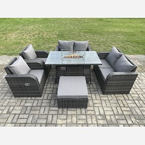 Fimous 7 Seater Rattan Garden Furniture Set Propane Gas Fire Pit Table and Sofa Chair set with Big Footstool